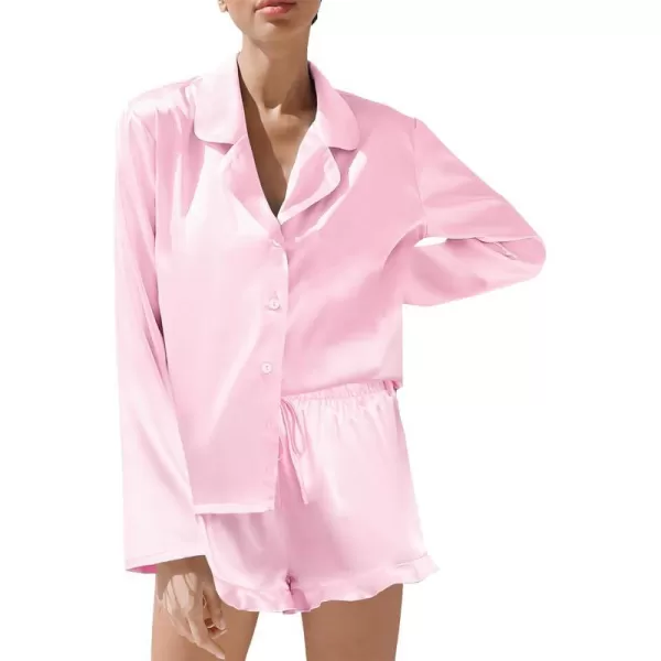 SWOMOG Womens Silk Satin Pajama Sets Long Sleeve Tops and Shorts Ruffle PJs Button Down Sleepwear Bride 2 Piece Lounge SetPink