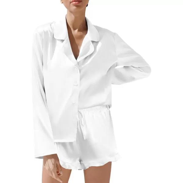 SWOMOG Womens Silk Satin Pajama Sets Long Sleeve Tops and Shorts Ruffle PJs Button Down Sleepwear Bride 2 Piece Lounge SetWhite