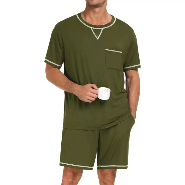 SWOMOG Men Modal Pajamas Set Comfy Sleepwear Short Sleeve Pjs Set Soft 2 Piece Lounge Set Cozy Nightwear with PocketsArmy Green