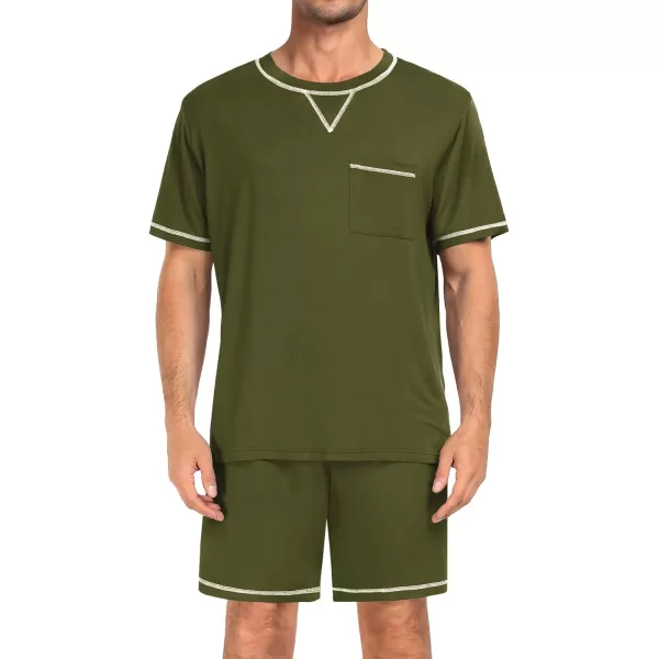 SWOMOG Men Modal Pajamas Set Comfy Sleepwear Short Sleeve Pjs Set Soft 2 Piece Lounge Set Cozy Nightwear with PocketsArmy Green