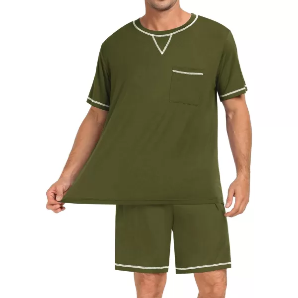 SWOMOG Men Modal Pajamas Set Comfy Sleepwear Short Sleeve Pjs Set Soft 2 Piece Lounge Set Cozy Nightwear with PocketsArmy Green