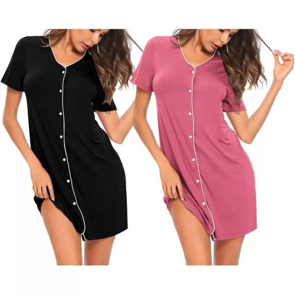 SWOMOG Nightgown for Women 2 Pack Soft Short Sleeve Sleepshirt V Neck Pajama Dress Button Down Nightwear2 Packblackcoral