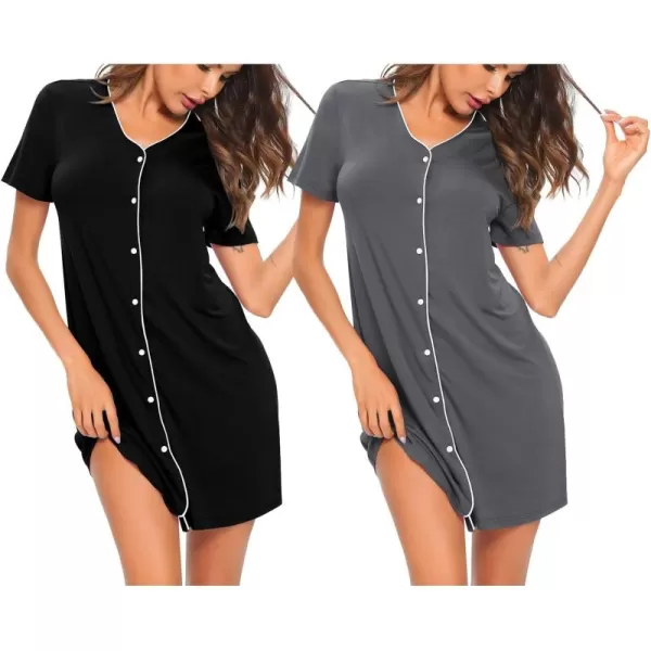 SWOMOG Nightgown for Women 2 Pack Soft Short Sleeve Sleepshirt V Neck Pajama Dress Button Down Nightwear2 Packblackdeep Gray