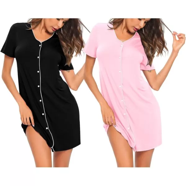 SWOMOG Nightgown for Women 2 Pack Soft Short Sleeve Sleepshirt V Neck Pajama Dress Button Down Nightwear2 Packblackpink