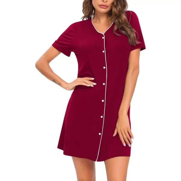 SWOMOG Nightgown for Women 2 Pack Soft Short Sleeve Sleepshirt V Neck Pajama Dress Button Down Nightwear2 Packblackwine Red