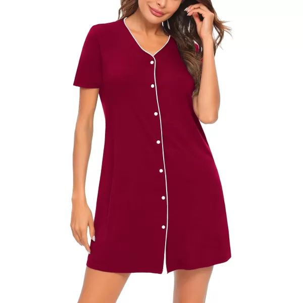 SWOMOG Nightgown for Women 2 Pack Soft Short Sleeve Sleepshirt V Neck Pajama Dress Button Down Nightwear2 Packblackwine Red