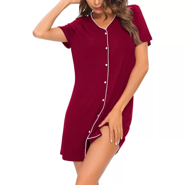 SWOMOG Nightgown for Women 2 Pack Soft Short Sleeve Sleepshirt V Neck Pajama Dress Button Down Nightwear2 Packblackwine Red