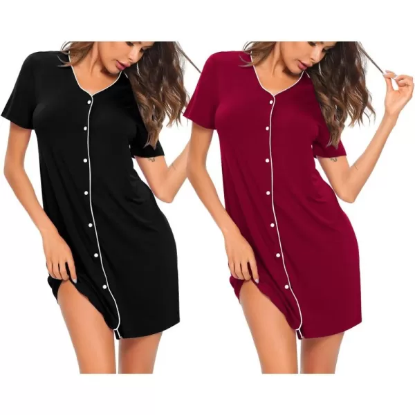 SWOMOG Nightgown for Women 2 Pack Soft Short Sleeve Sleepshirt V Neck Pajama Dress Button Down Nightwear2 Packblackwine Red