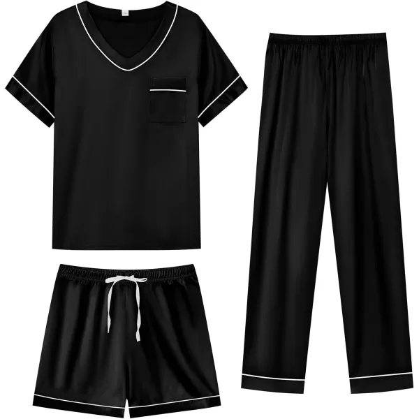 SWOMOG Silk Pajamas for Women Set 3 Piece Satin Pjs Short Sleeve Sleepwear with Shorts  Pants Cozy Loungewear NightwearBlack