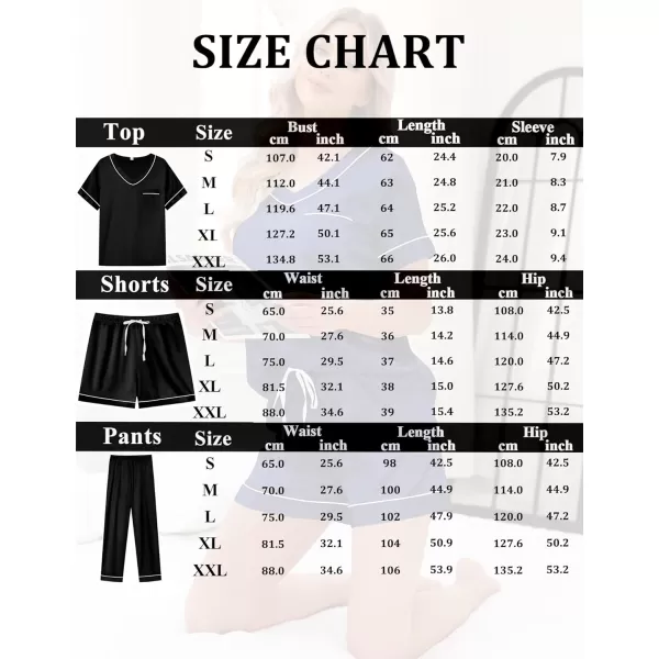 SWOMOG Silk Pajamas for Women Set 3 Piece Satin Pjs Short Sleeve Sleepwear with Shorts  Pants Cozy Loungewear NightwearBlack