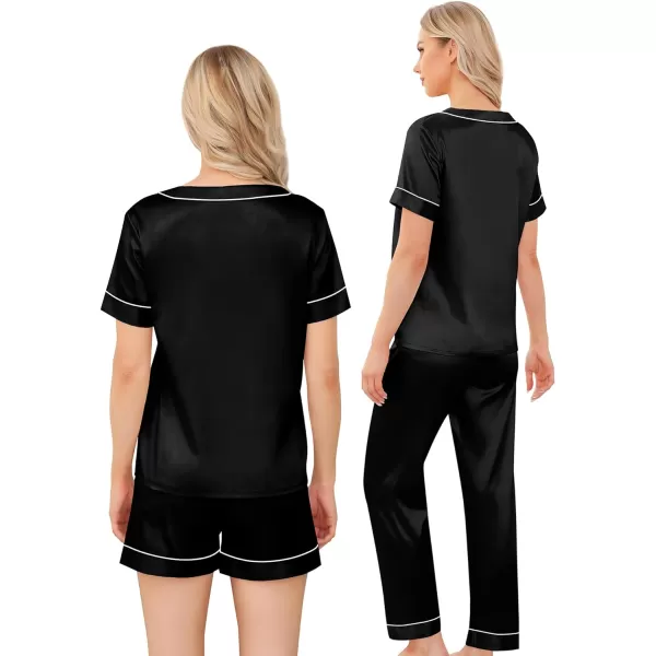 SWOMOG Silk Pajamas for Women Set 3 Piece Satin Pjs Short Sleeve Sleepwear with Shorts  Pants Cozy Loungewear NightwearBlack