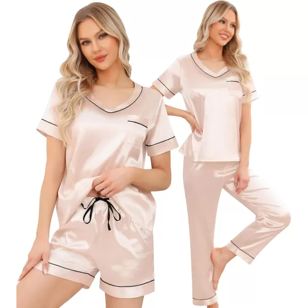 SWOMOG Silk Pajamas for Women Set 3 Piece Satin Pjs Short Sleeve Sleepwear with Shorts  Pants Cozy Loungewear NightwearChampagne