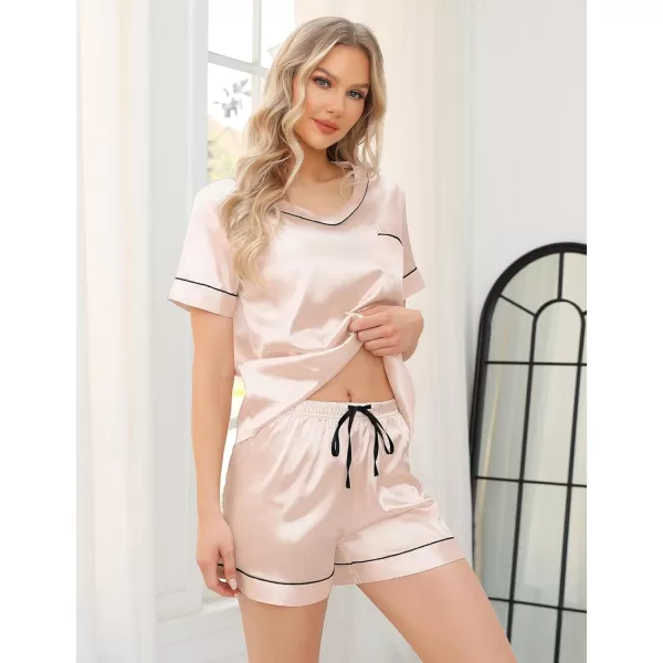 SWOMOG Silk Pajamas for Women Set 3 Piece Satin Pjs Short Sleeve Sleepwear with Shorts  Pants Cozy Loungewear NightwearChampagne