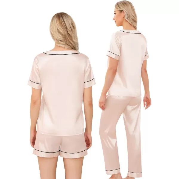 SWOMOG Silk Pajamas for Women Set 3 Piece Satin Pjs Short Sleeve Sleepwear with Shorts  Pants Cozy Loungewear NightwearChampagne