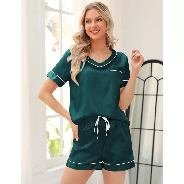 SWOMOG Silk Pajamas for Women Set 3 Piece Satin Pjs Short Sleeve Sleepwear with Shorts  Pants Cozy Loungewear NightwearDeep Green