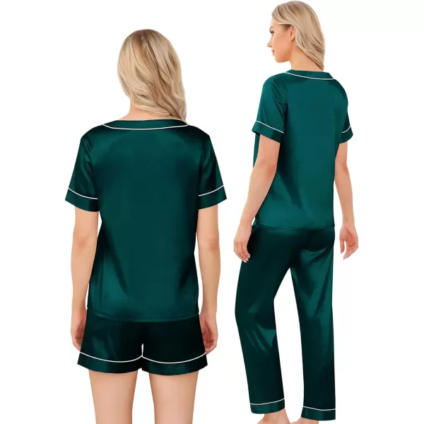 SWOMOG Silk Pajamas for Women Set 3 Piece Satin Pjs Short Sleeve Sleepwear with Shorts  Pants Cozy Loungewear NightwearDeep Green