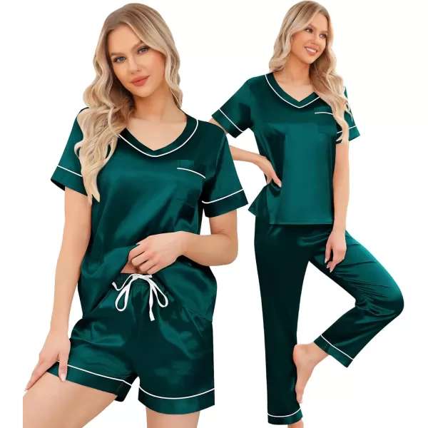 SWOMOG Silk Pajamas for Women Set 3 Piece Satin Pjs Short Sleeve Sleepwear with Shorts  Pants Cozy Loungewear NightwearDeep Green