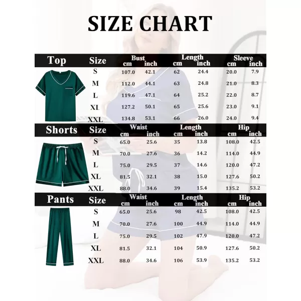 SWOMOG Silk Pajamas for Women Set 3 Piece Satin Pjs Short Sleeve Sleepwear with Shorts  Pants Cozy Loungewear NightwearDeep Green