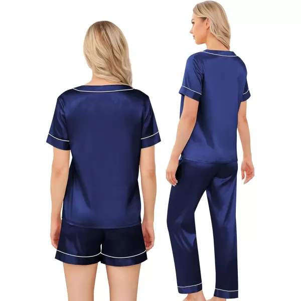 SWOMOG Silk Pajamas for Women Set 3 Piece Satin Pjs Short Sleeve Sleepwear with Shorts  Pants Cozy Loungewear NightwearNavy Blue