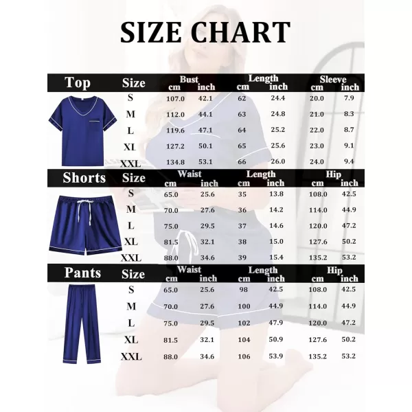 SWOMOG Silk Pajamas for Women Set 3 Piece Satin Pjs Short Sleeve Sleepwear with Shorts  Pants Cozy Loungewear NightwearNavy Blue