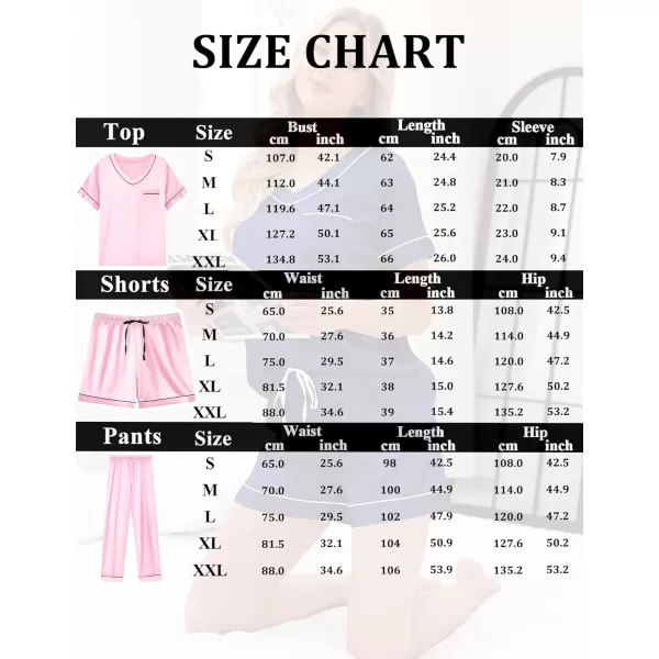 SWOMOG Silk Pajamas for Women Set 3 Piece Satin Pjs Short Sleeve Sleepwear with Shorts  Pants Cozy Loungewear NightwearRose Pink