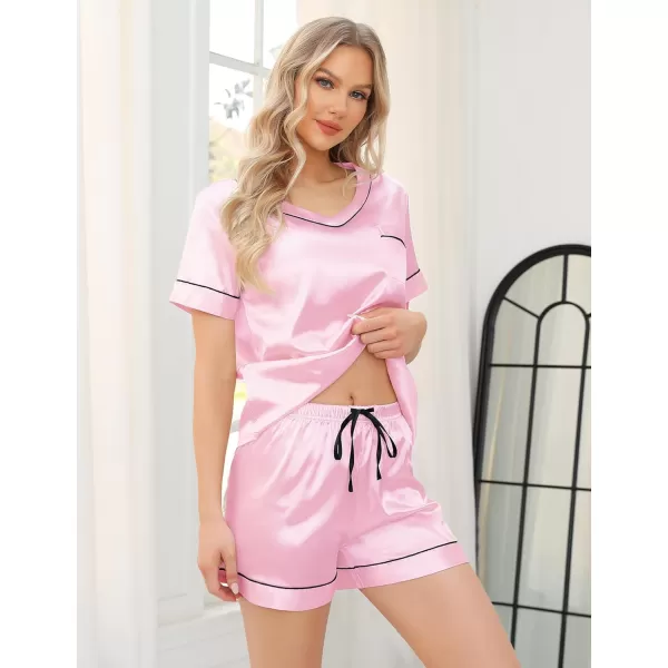 SWOMOG Silk Pajamas for Women Set 3 Piece Satin Pjs Short Sleeve Sleepwear with Shorts  Pants Cozy Loungewear NightwearRose Pink