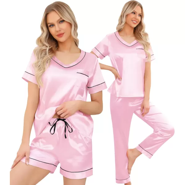 SWOMOG Silk Pajamas for Women Set 3 Piece Satin Pjs Short Sleeve Sleepwear with Shorts  Pants Cozy Loungewear NightwearRose Pink