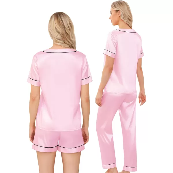 SWOMOG Silk Pajamas for Women Set 3 Piece Satin Pjs Short Sleeve Sleepwear with Shorts  Pants Cozy Loungewear NightwearRose Pink