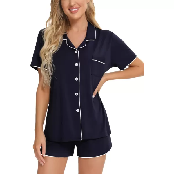 SWOMOG Womens Button Down Pajamas Set Short Sleeve Sleepwear Bride 2 Piece Modal Pajama Set Pjs Shorts SXXLNavy Blue