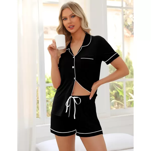 SWOMOG Womens Pajama Sets 2 Piece Short Sleeve Sleepwear Soft Button Down Pjs Nightwear Bride Modal Lounge SetsBlack