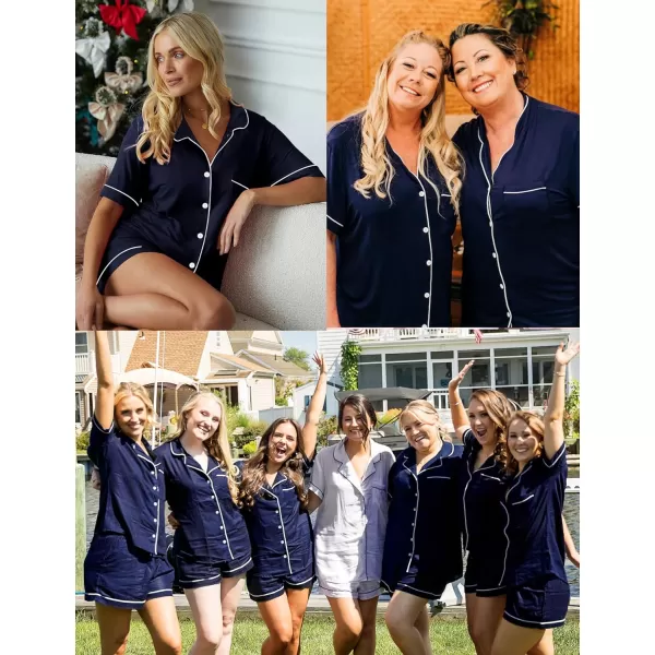 SWOMOG Womens Pajama Sets 2 Piece Short Sleeve Sleepwear Soft Button Down Pjs Nightwear Bride Modal Lounge SetsNavy Blue