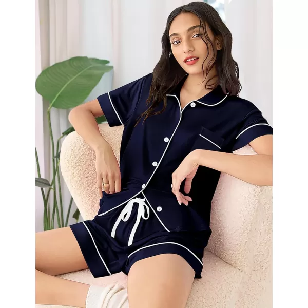 SWOMOG Womens Pajama Sets 2 Piece Short Sleeve Sleepwear Soft Button Down Pjs Nightwear Bride Modal Lounge SetsNavy Blue