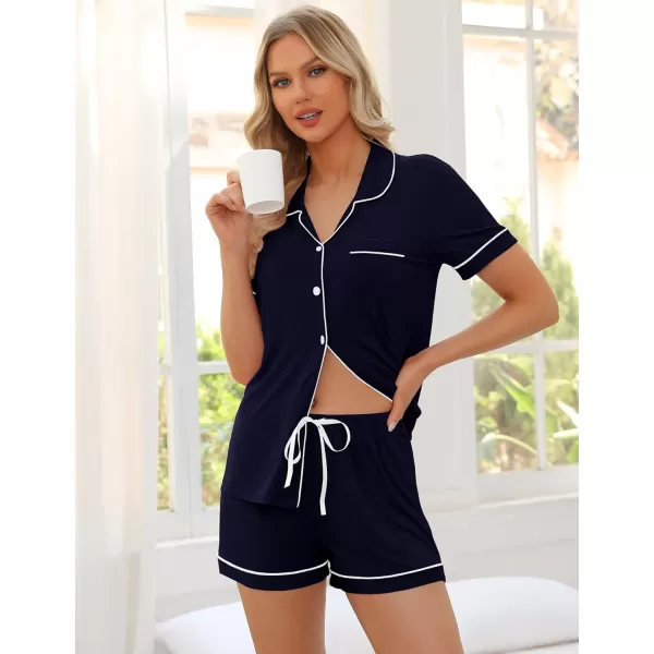 SWOMOG Womens Pajama Sets 2 Piece Short Sleeve Sleepwear Soft Button Down Pjs Nightwear Bride Modal Lounge SetsNavy Blue