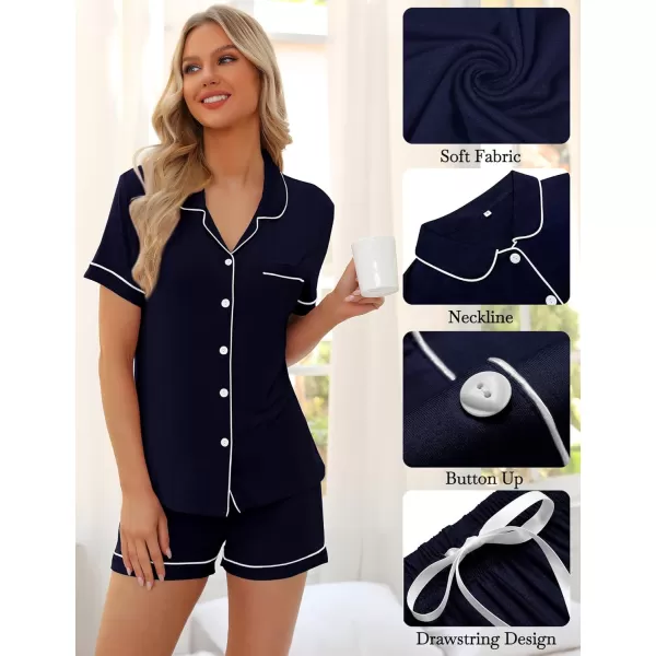 SWOMOG Womens Pajama Sets 2 Piece Short Sleeve Sleepwear Soft Button Down Pjs Nightwear Bride Modal Lounge SetsNavy Blue