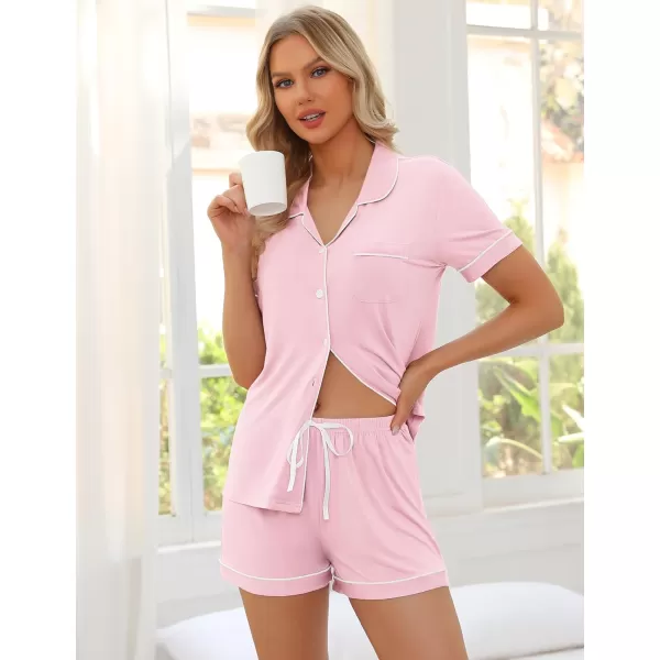 SWOMOG Womens Pajama Sets 2 Piece Short Sleeve Sleepwear Soft Button Down Pjs Nightwear Bride Modal Lounge SetsPink