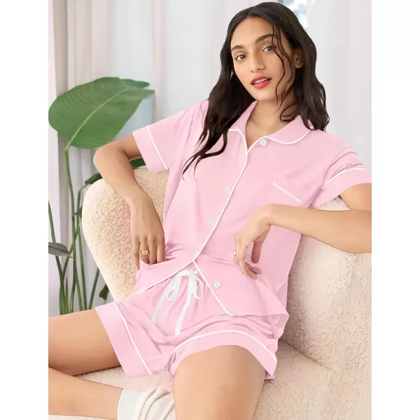SWOMOG Womens Pajama Sets 2 Piece Short Sleeve Sleepwear Soft Button Down Pjs Nightwear Bride Modal Lounge SetsPink