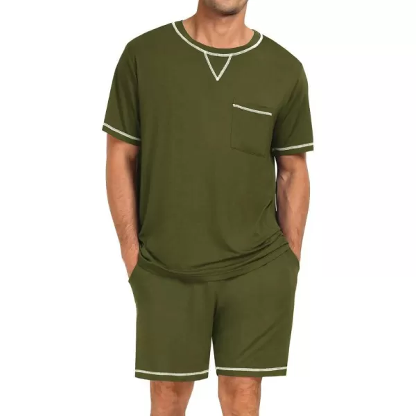 SWOMOG Men Modal Pajamas Set Comfy Sleepwear Short Sleeve Pjs Set Soft 2 Piece Lounge Set Cozy Nightwear with PocketsArmy Green