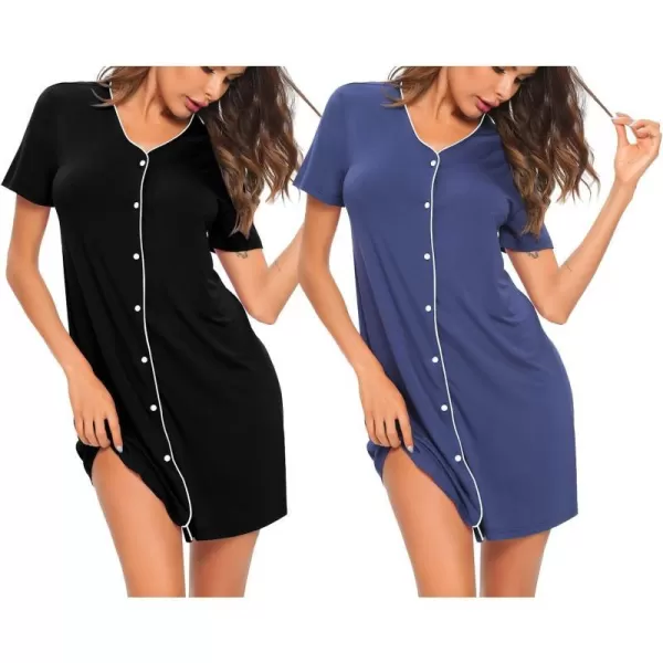 SWOMOG Nightgown for Women 2 Pack Soft Short Sleeve Sleepshirt V Neck Pajama Dress Button Down Nightwear2 Packblacknavy Blue