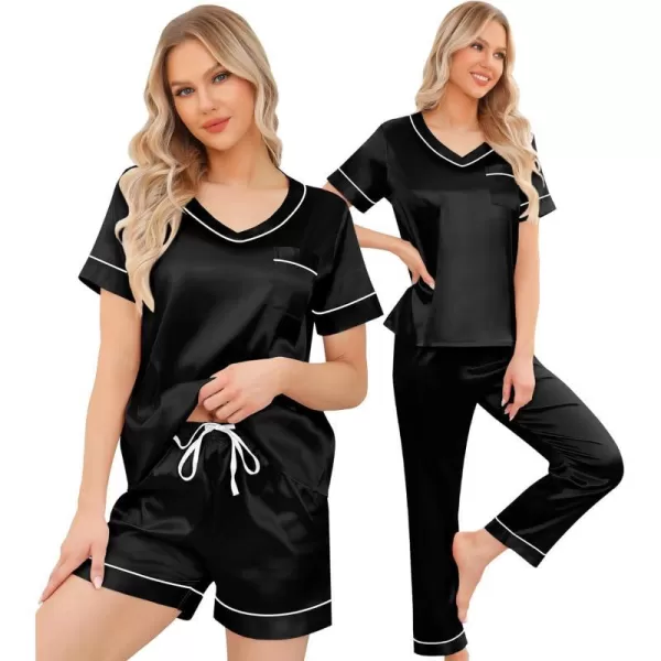 SWOMOG Silk Pajamas for Women Set 3 Piece Satin Pjs Short Sleeve Sleepwear with Shorts  Pants Cozy Loungewear NightwearBlack