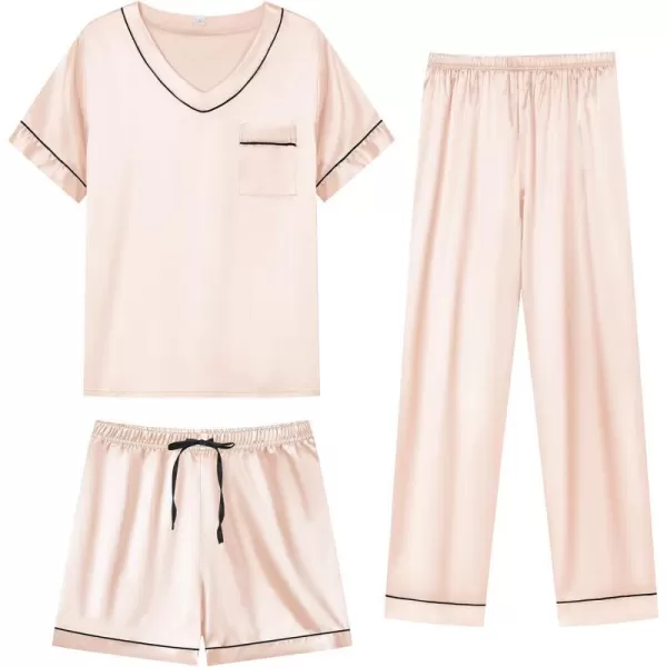 SWOMOG Silk Pajamas for Women Set 3 Piece Satin Pjs Short Sleeve Sleepwear with Shorts  Pants Cozy Loungewear NightwearChampagne