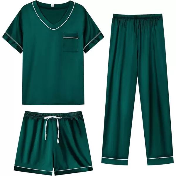 SWOMOG Silk Pajamas for Women Set 3 Piece Satin Pjs Short Sleeve Sleepwear with Shorts  Pants Cozy Loungewear NightwearDeep Green