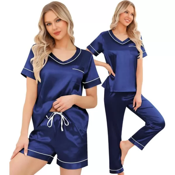 SWOMOG Silk Pajamas for Women Set 3 Piece Satin Pjs Short Sleeve Sleepwear with Shorts  Pants Cozy Loungewear NightwearNavy Blue