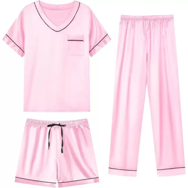 SWOMOG Silk Pajamas for Women Set 3 Piece Satin Pjs Short Sleeve Sleepwear with Shorts  Pants Cozy Loungewear NightwearRose Pink