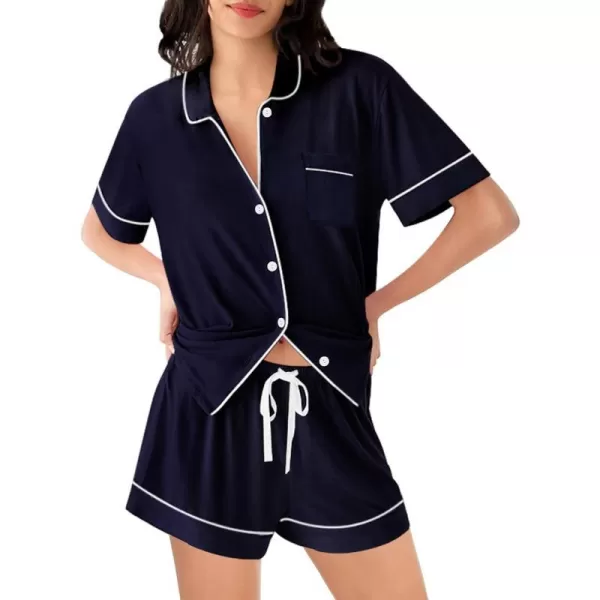 SWOMOG Womens Pajama Sets 2 Piece Short Sleeve Sleepwear Soft Button Down Pjs Nightwear Bride Modal Lounge SetsNavy Blue