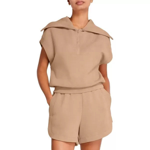 SWOMOG Womens Track Suits 2 Piece HalfZip Lapel Cap Sleeve Sweatshirt High Waist Drawstring Shorts with Pockets SweatsuitKhaki