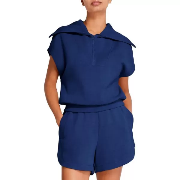 SWOMOG Womens Track Suits 2 Piece HalfZip Lapel Cap Sleeve Sweatshirt High Waist Drawstring Shorts with Pockets SweatsuitNavy Blue