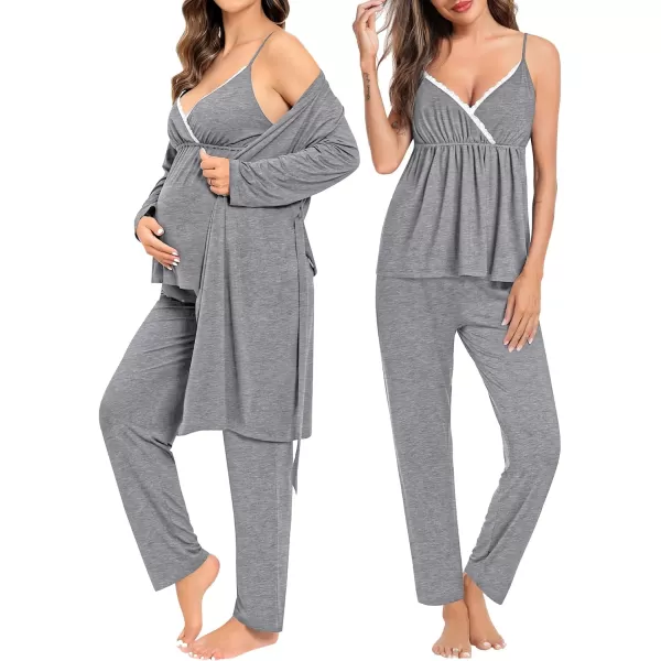 SWOMOG Maternity Nursing Robe Set 3 Piece Breastfeeding Pajamas 3 in 1 Labor Delivery Sleevless TopsLong Pants Pregnancy PjsGrey