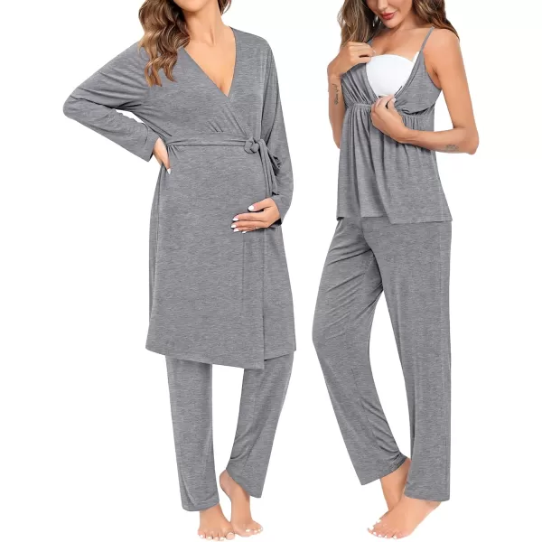 SWOMOG Maternity Nursing Robe Set 3 Piece Breastfeeding Pajamas 3 in 1 Labor Delivery Sleevless TopsLong Pants Pregnancy PjsGrey