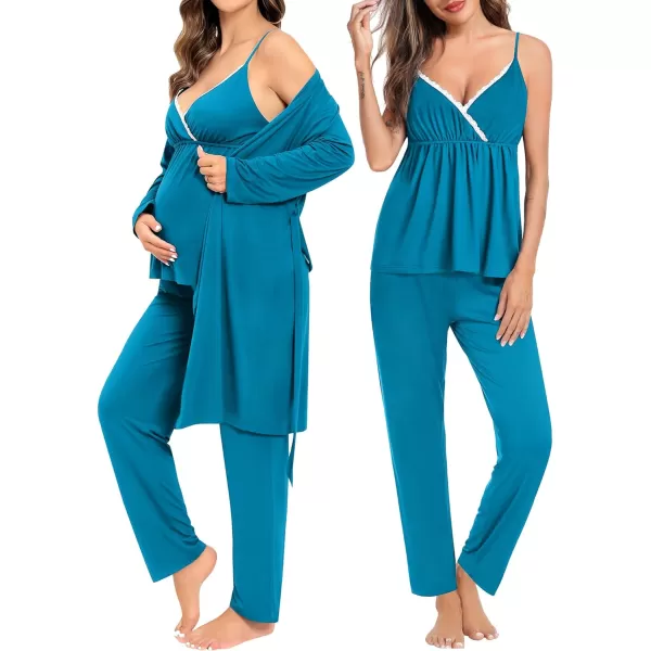 SWOMOG Maternity Nursing Robe Set 3 Piece Breastfeeding Pajamas 3 in 1 Labor Delivery Sleevless TopsLong Pants Pregnancy PjsPeacock Blue