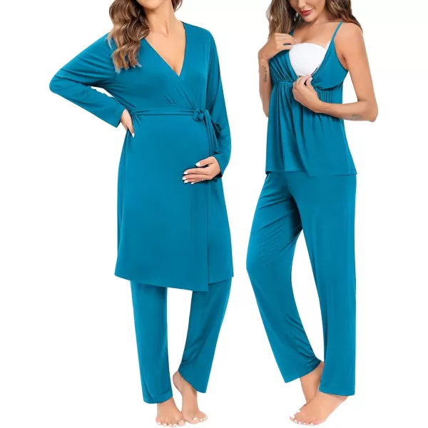 SWOMOG Maternity Nursing Robe Set 3 Piece Breastfeeding Pajamas 3 in 1 Labor Delivery Sleevless TopsLong Pants Pregnancy PjsPeacock Blue